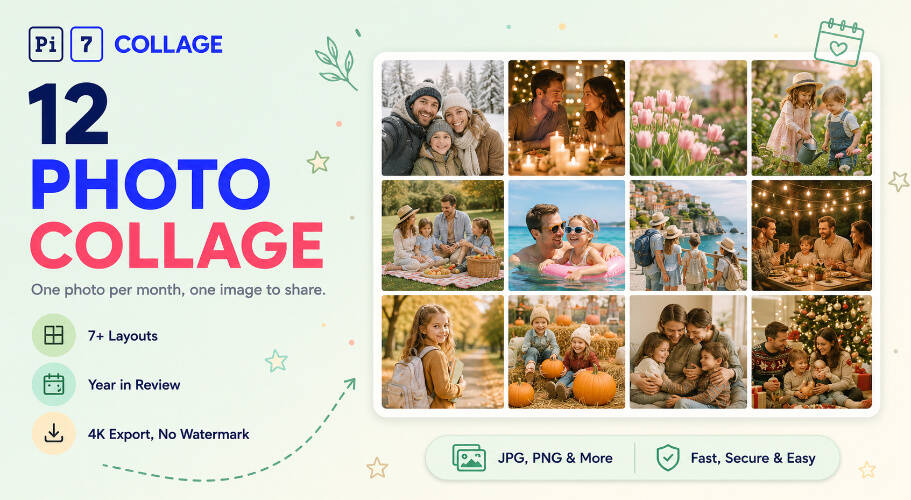 12 photo collage maker example - 12 photos arranged in a 3x4 grid layout made with Pi7