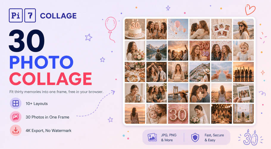 30 photo collage maker example - 30 photos arranged in a 5x6 grid layout made with Pi7