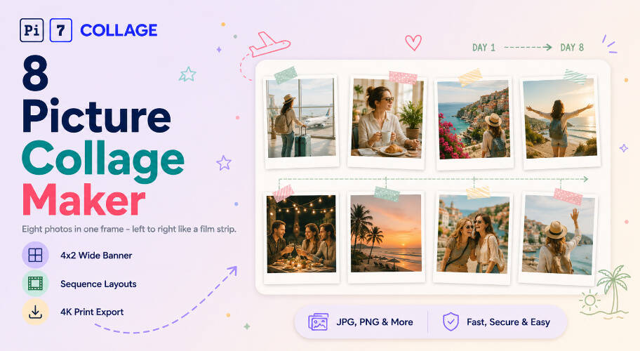 8 picture collage example - 8 photos arranged in a 4x2 wide banner layout made with Pi7