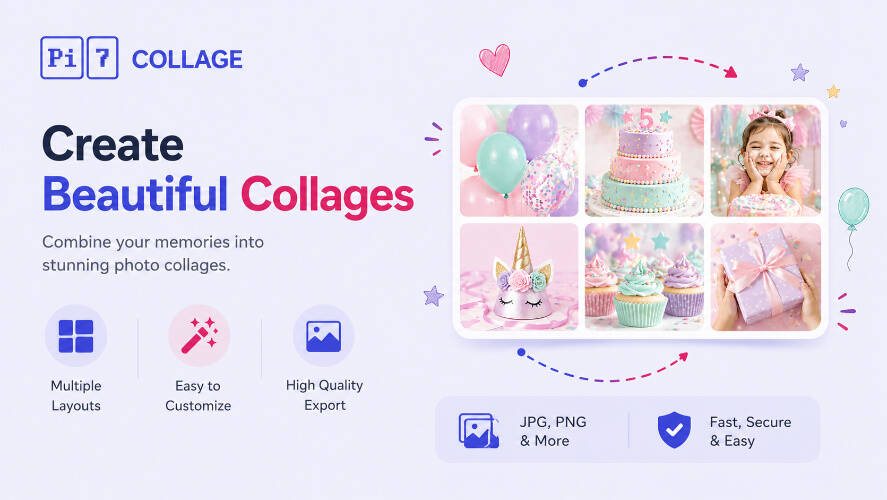 Example birthday photo collage made with Pi7 - confetti, candles, and party photos
