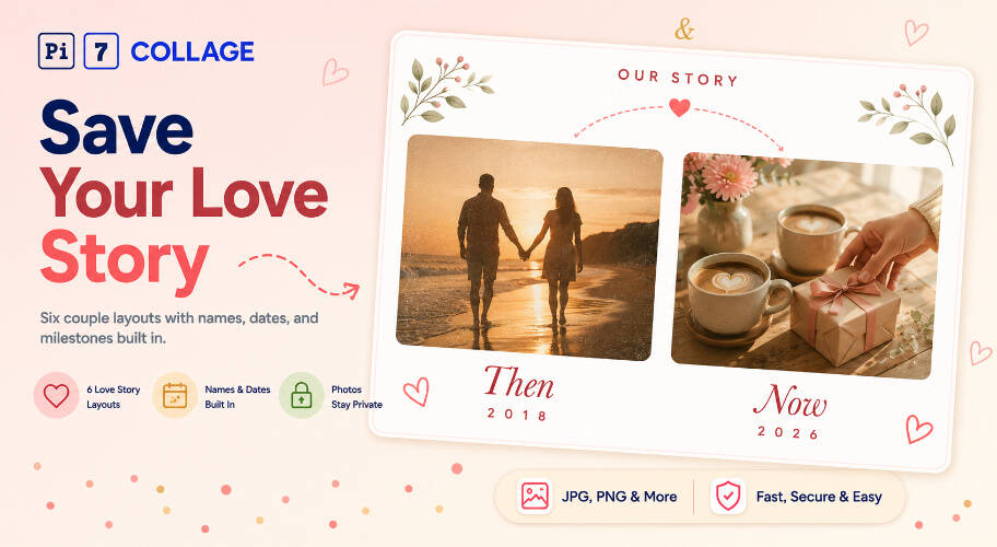 Couple photo collage example - 2 photos in a Then and Now layout made with Pi7