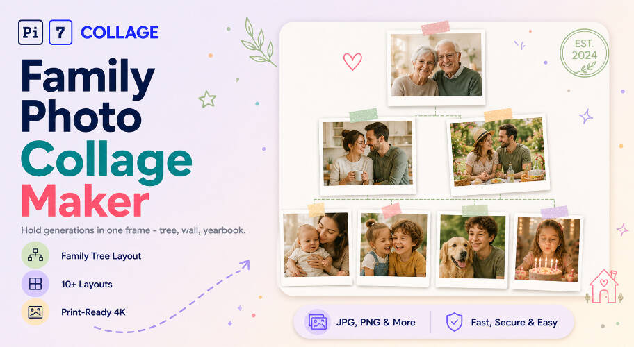 Family photo collage example - generations arranged in a tiered family tree layout made with Pi7