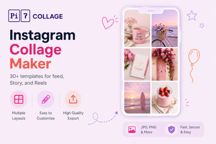 Instagram collage maker example - feed post and story layouts made with Pi7