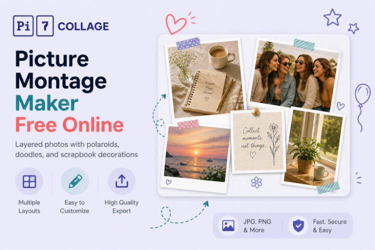 Picture montage maker example - layered photo montage with polaroids and doodles made with Pi7
