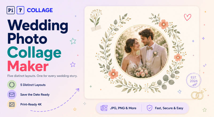 Wedding photo collage example - polaroid flatlay layout with floral accents made with Pi7